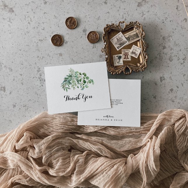Green Eucalyptus Modern Calligraphy Flat Wedding Thank You Card (Creator Uploaded)
