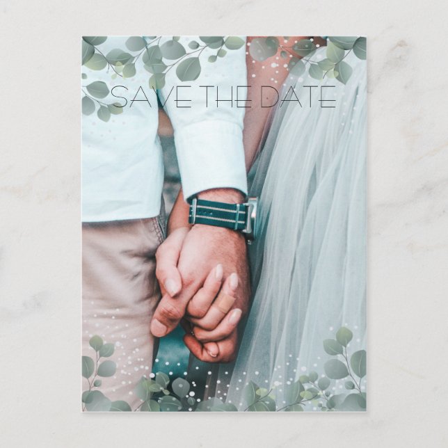Green Eucalyptus Modern Photo Save the Date Postcard (Front)