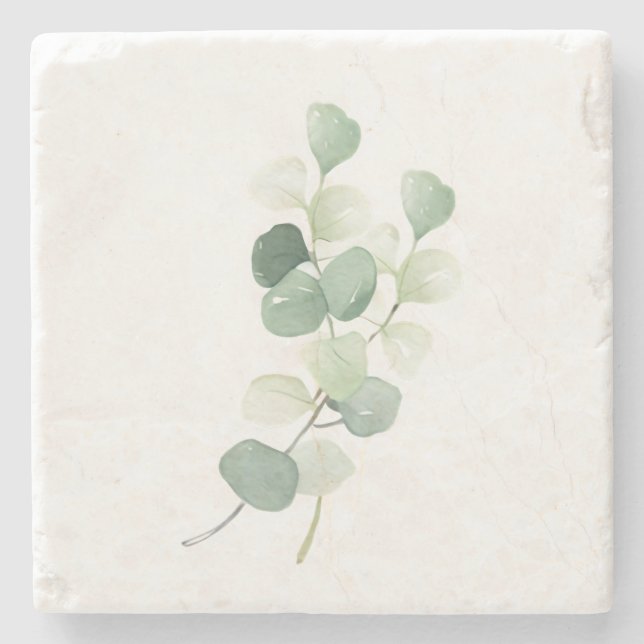 Green Eucalyptus Pastel Leaves Duvet Cover Stone Coaster (Front)