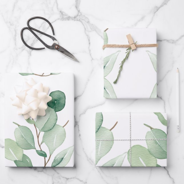 Green Eucalyptus pastel leaves Wrapping Paper Sheets (Front)