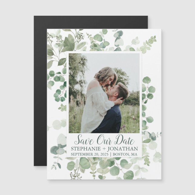 Green Eucalyptus Photo Save The Date Magnets (Front/Back)