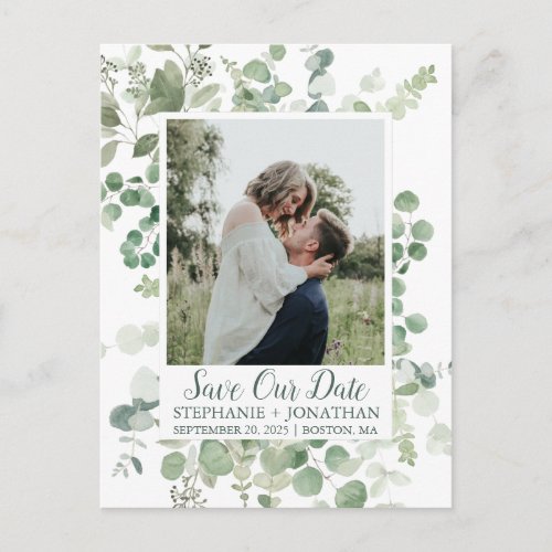 Green Eucalyptus Photo Save The Date Postcards