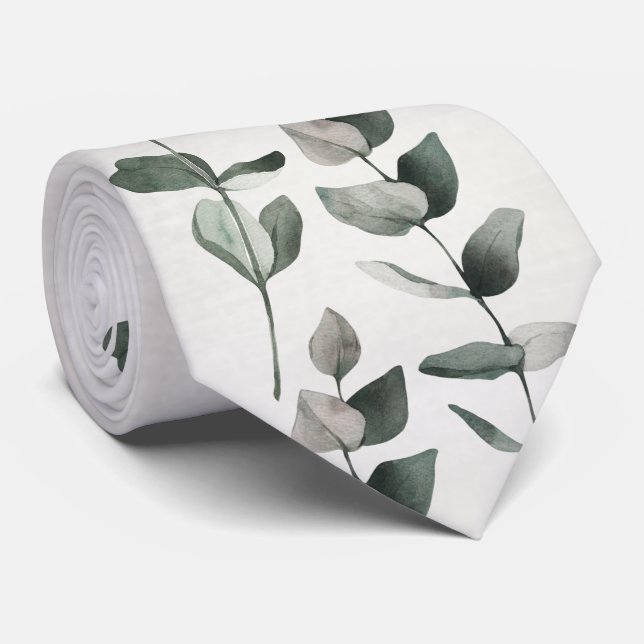 Green Eucalyptus Stems And Leaves Wedding Neck Tie (Rolled)