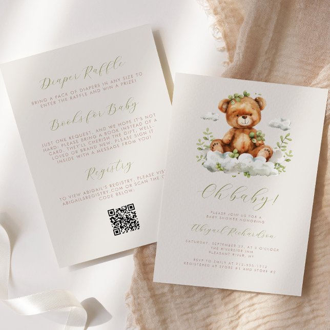 Green Eucalyptus Teddy Bear QR Code Baby Shower Invitation (Creator Uploaded)