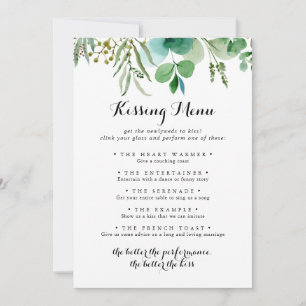 Green Eucalyptus Wedding Kissing Menu Game Card