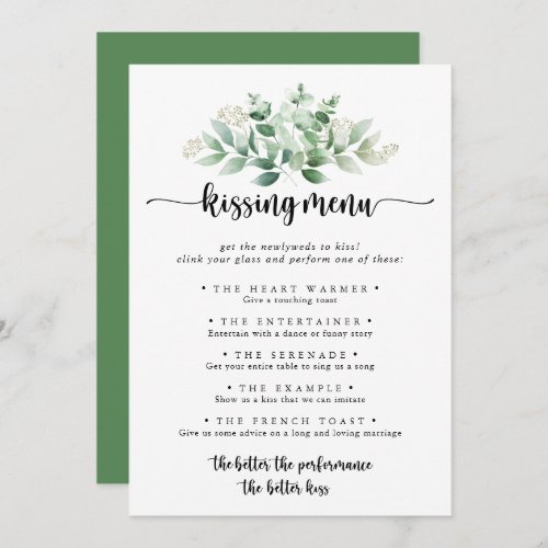 Green Eucalyptus Wedding Kissing Menu Game Card