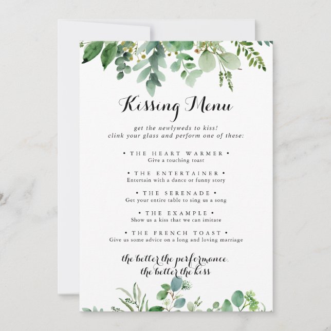 Green Eucalyptus Wedding Kissing Menu Game Card (Front)