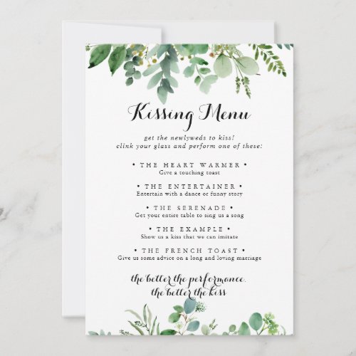 Green Eucalyptus Wedding Kissing Menu Game Card