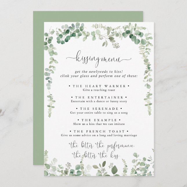Green Eucalyptus Wedding Kissing Menu Game Card (Front/Back)