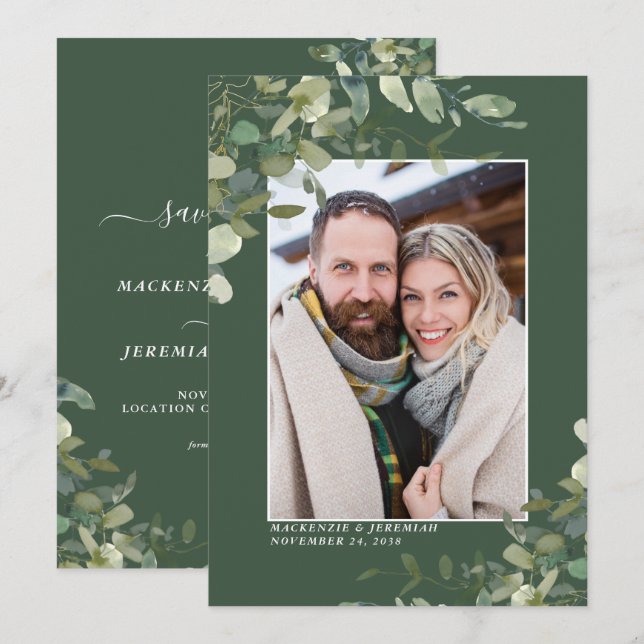 Green Eucalyptus Wedding Photo Save the Date (Front/Back)