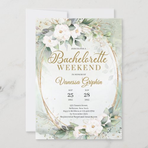 Green eucalyptus white roses gold Bachelorette Invitation