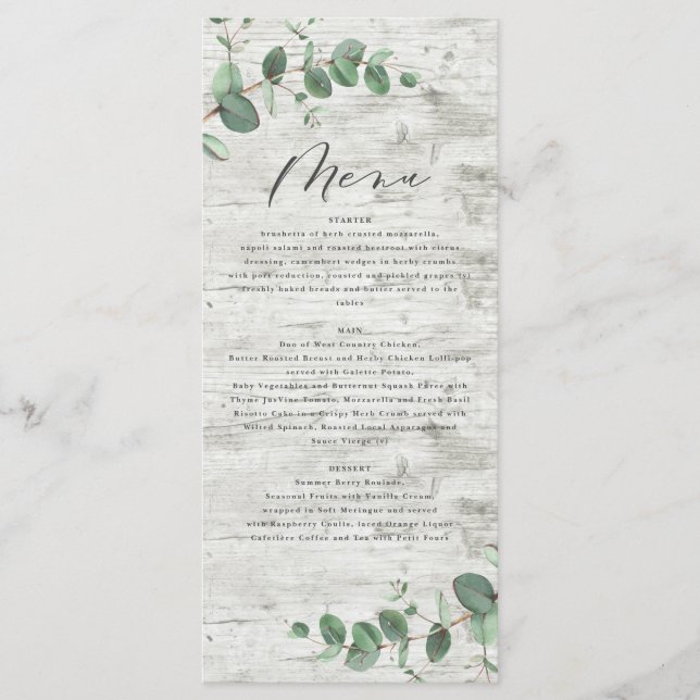 green eucalyptus white wood elegant wedding menu (Front)