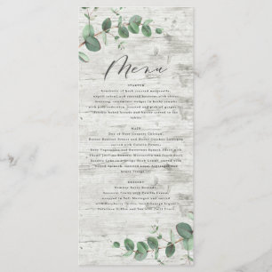 green eucalyptus white wood elegant wedding menu