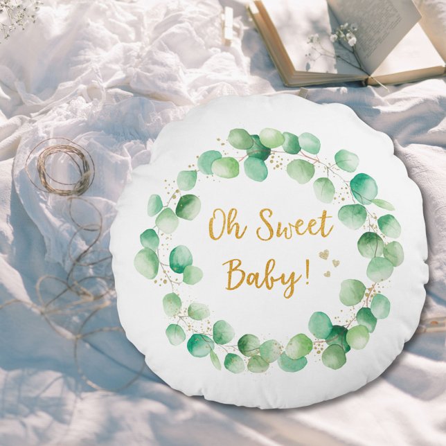 Green Eucalyptus Wood Quote Baby Nursery Round Pillow (In situ)