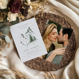 Green Evergreen Pine Mountain Sketch Save the Date Invitation