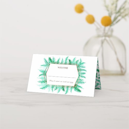 Green evergreen watercolor wedding place card