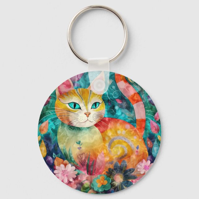 Green Eye Cat Surrounded by Array of Flowers Keychain (Front)