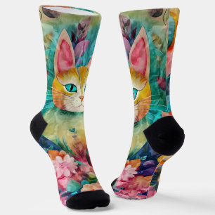 Green Eye Cat Surrounded by Array of Flowers Socks