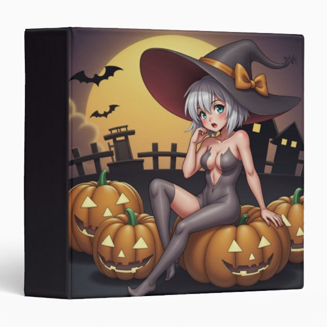 Green Eye Halloween Witch on Jack-O-Lantern's 3 Ring Binder (Front/Spine)