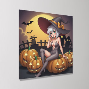 Green Eye Halloween Witch on Jack-O-Lantern's Acrylic Photo Tile