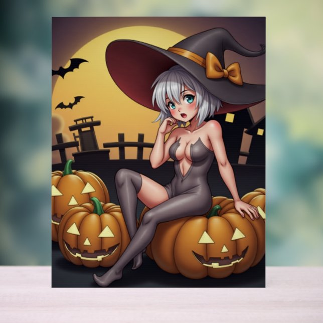 Green Eye Halloween Witch on Jack-O-Lantern's Acrylic Sign (Neutral)
