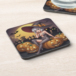 Green Eye Halloween Witch on Jack-O-Lantern's Beverage Coaster