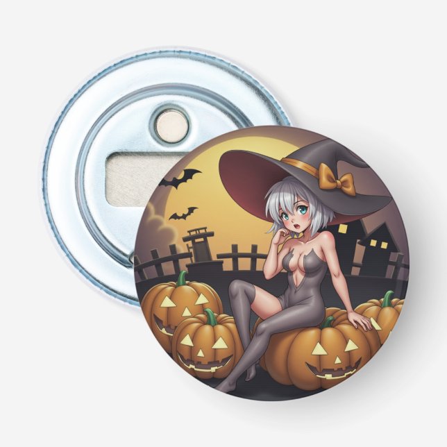 Green Eye Halloween Witch on Jack-O-Lantern's Bottle Opener (Front)