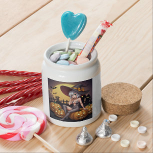 Green Eye Halloween Witch on Jack-O-Lantern's Candy Jar