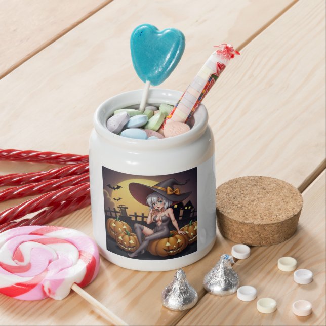 Green Eye Halloween Witch on Jack-O-Lantern's Candy Jar (In Situ)