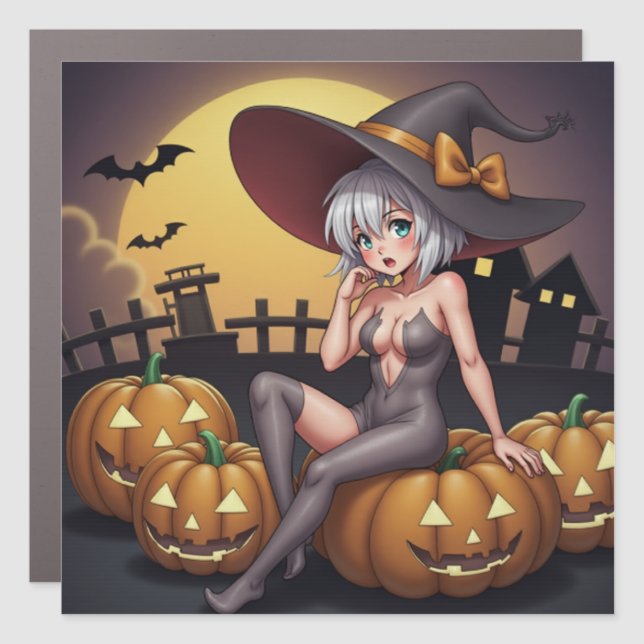 Green Eye Halloween Witch on Jack-O-Lantern's Car Magnet (Front)