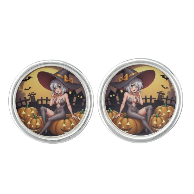 Green Eye Halloween Witch on Jack-O-Lantern's Cufflinks (Front)