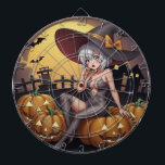 Green Eye Halloween Witch on Jack-O-Lantern's Dart Board<br><div class="desc">The witch, with her silver hair and mischievous green eyes, sat atop a jack-o-lantern, her silhouette stark against the purple twilight. Her oversized hat, adorned with an enormous orange bow, cast a shadow over her petite frame. A playful smile curved her lips as she surveyed the quaint village, its silhouette...</div>