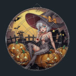 Green Eye Halloween Witch on Jack-O-Lantern's Dart Board<br><div class="desc">The witch, with her silver hair and mischievous green eyes, sat atop a jack-o-lantern, her silhouette stark against the purple twilight. Her oversized hat, adorned with an enormous orange bow, cast a shadow over her petite frame. A playful smile curved her lips as she surveyed the quaint village, its silhouette...</div>