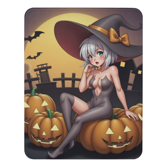 Green Eye Halloween Witch on Jack-O-Lantern's Door Sign (Contemporary Vert)