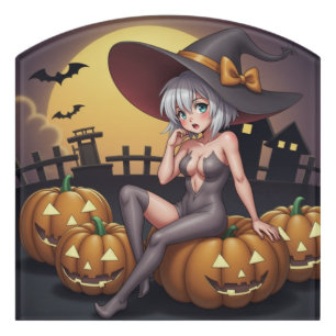 Green Eye Halloween Witch on Jack-O-Lantern's Door Sign