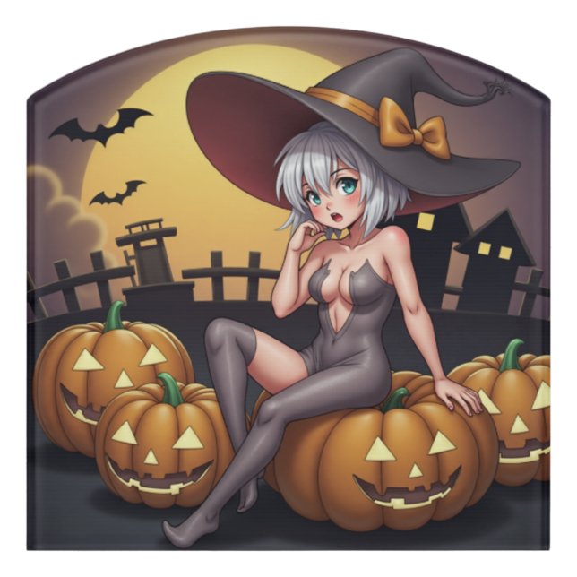 Green Eye Halloween Witch on Jack-O-Lantern's Door Sign (Contour Front)