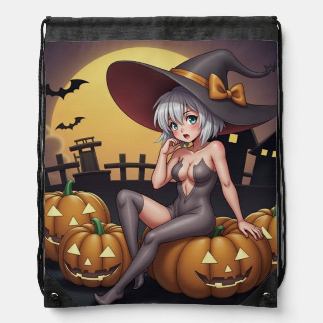 Green Eye Halloween Witch on Jack-O-Lantern's Drawstring Bag (Front)