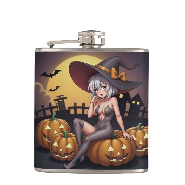 Green Eye Halloween Witch on Jack-O-Lantern's Flask (Front)