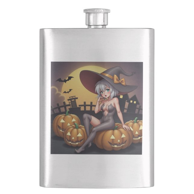 Green Eye Halloween Witch on Jack-O-Lantern's Flask (Front)