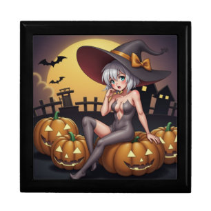 Green Eye Halloween Witch on Jack-O-Lantern's Gift Box