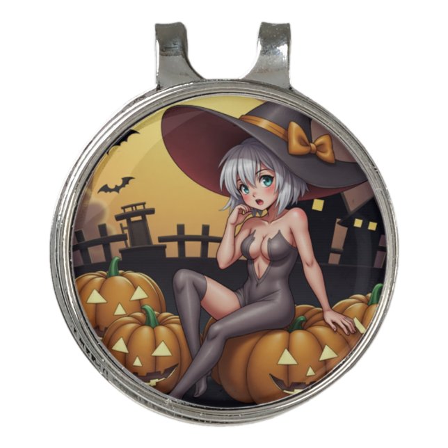 Green Eye Halloween Witch on Jack-O-Lantern's Golf Hat Clip (Front)