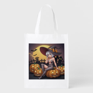 Green Eye Halloween Witch on Jack-O-Lantern's Grocery Bag