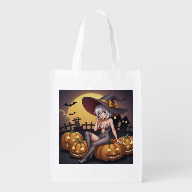 Green Eye Halloween Witch on Jack-O-Lantern's Grocery Bag (Front)