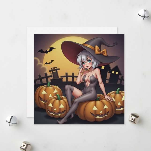 Green Eye Halloween Witch on Jack-O-Lantern's Holiday Card (Front/Back In Situ)