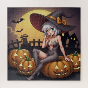 Green Eye Halloween Witch on Jack-O-Lantern's Jigsaw Puzzle