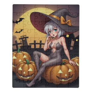 Green Eye Halloween Witch on Jack-O-Lantern's Jigsaw Puzzle