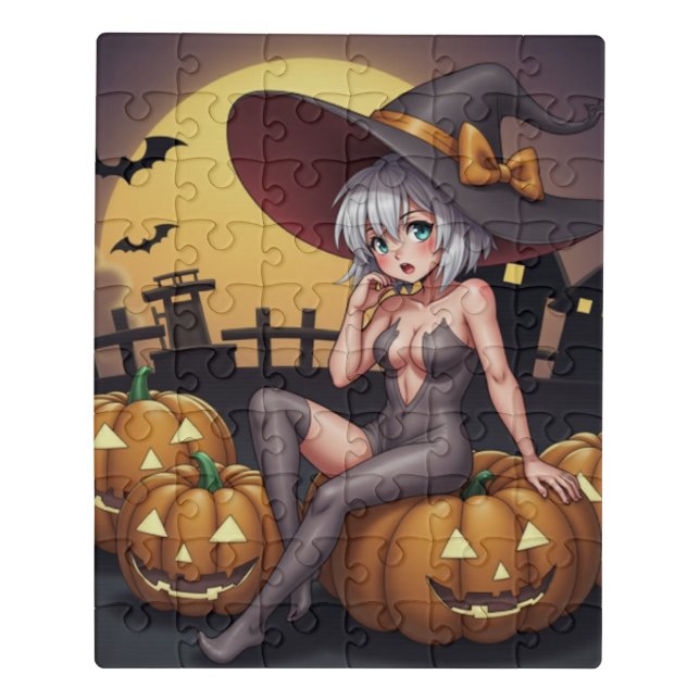 Green Eye Halloween Witch on Jack-O-Lantern's Jigsaw Puzzle (Puzzle Vertical)