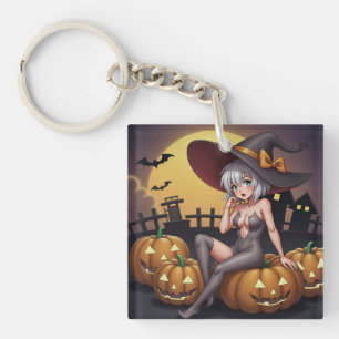 Green Eye Halloween Witch on Jack-O-Lantern's Keychain