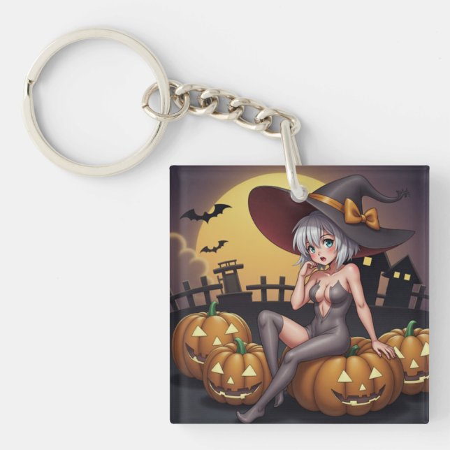 Green Eye Halloween Witch on Jack-O-Lantern's Keychain (Front)
