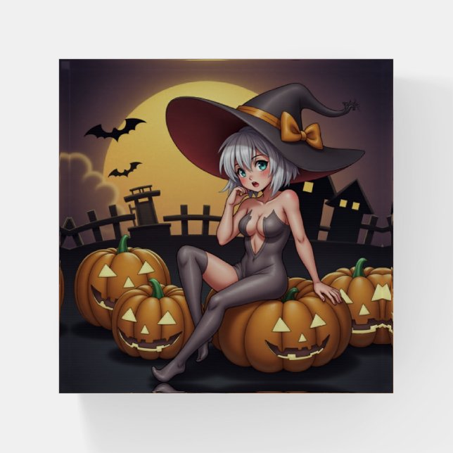 Green Eye Halloween Witch on Jack-O-Lantern's Paperweight (Front)